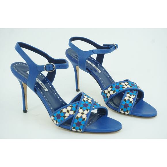 Manolo Blahnik Talitha Linen Strap Blue Floral Sandals size 39.5 Ankle - Picture 7 of 11